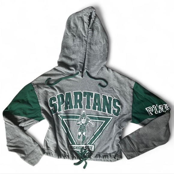 PINK Victoria's Secret Gray and Green MSU Spartans Drawstring Cropped Hoodie. - Picture 8 of 8